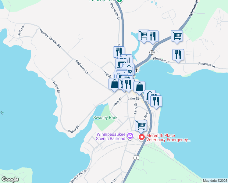 map of restaurants, bars, coffee shops, grocery stores, and more near 7 Water Street in Meredith