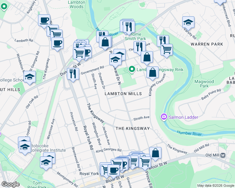 map of restaurants, bars, coffee shops, grocery stores, and more near 82 Queen Anne Road in Toronto