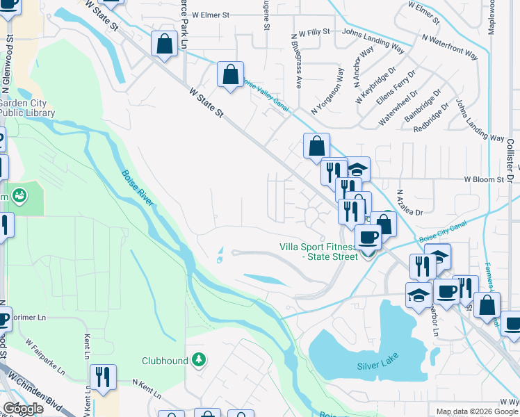 map of restaurants, bars, coffee shops, grocery stores, and more near 3921 North Kessinger Lane in Boise