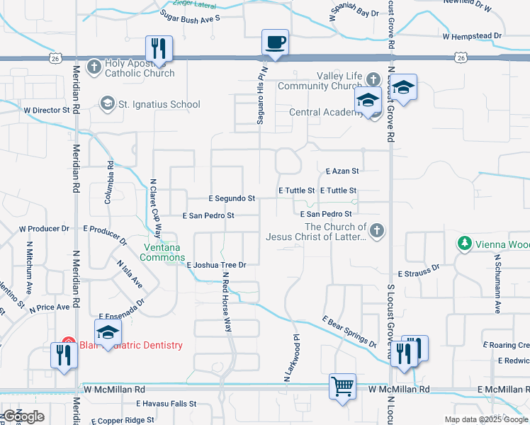 map of restaurants, bars, coffee shops, grocery stores, and more near 5642 North Saguaro Hills Avenue in Meridian