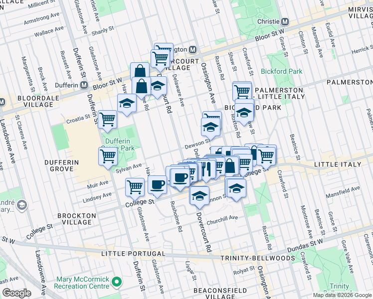 map of restaurants, bars, coffee shops, grocery stores, and more near 73 Dewson Street in Toronto