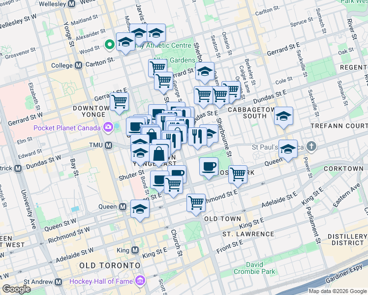 map of restaurants, bars, coffee shops, grocery stores, and more near 219 Jarvis Street in Toronto