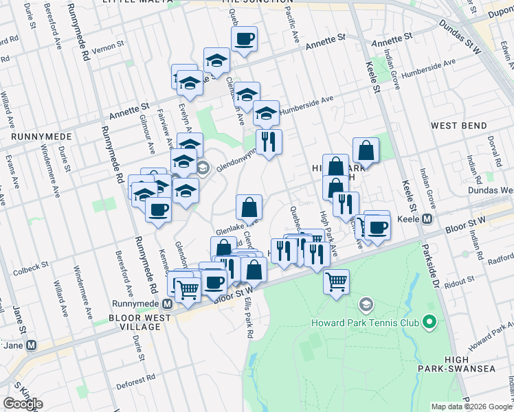map of restaurants, bars, coffee shops, grocery stores, and more near 408 Glenlake Avenue in Toronto