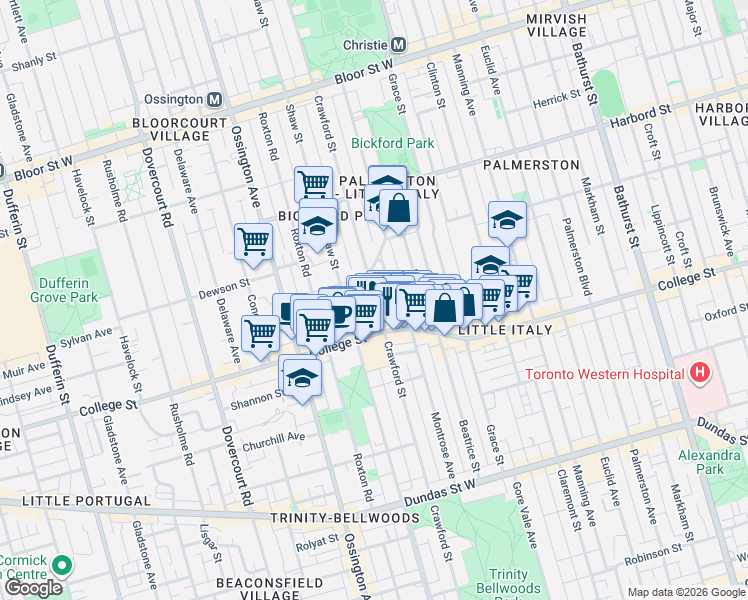 map of restaurants, bars, coffee shops, grocery stores, and more near 427 Crawford Street in Toronto