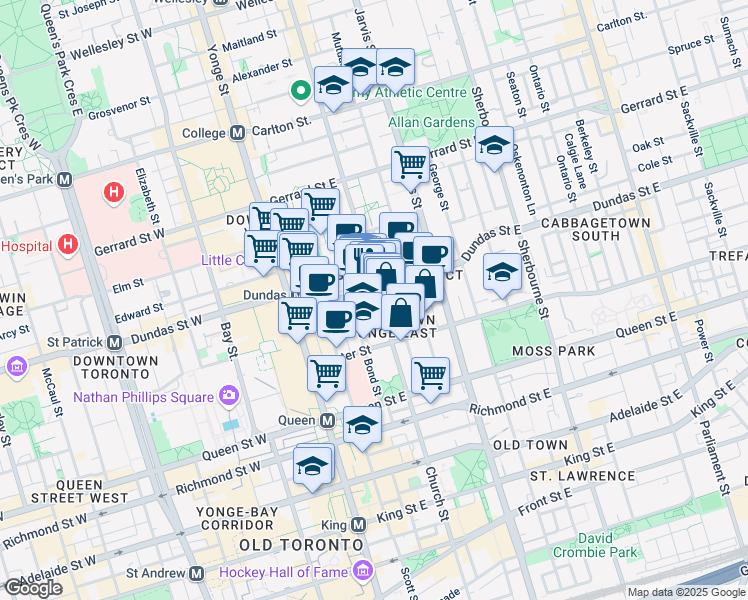 map of restaurants, bars, coffee shops, grocery stores, and more near in Toronto