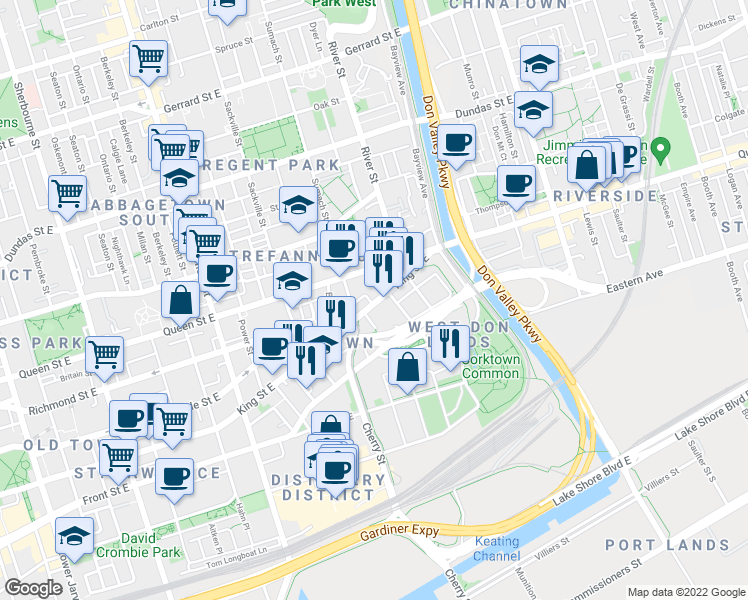 map of restaurants, bars, coffee shops, grocery stores, and more near 502 King Street East in Toronto