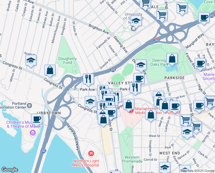 map of restaurants, bars, coffee shops, grocery stores, and more near 295 Park Avenue in Portland