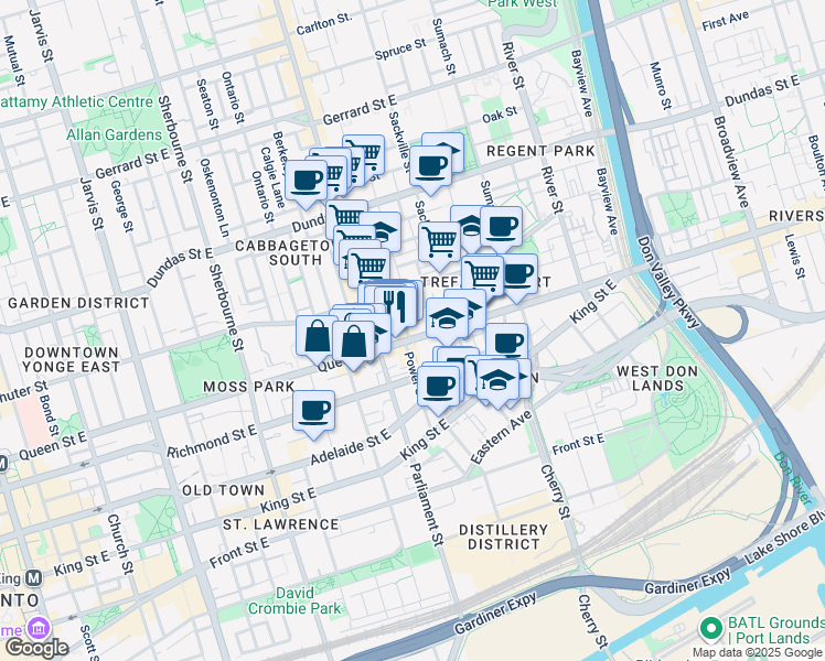 map of restaurants, bars, coffee shops, grocery stores, and more near 356 Queen Street East in Toronto