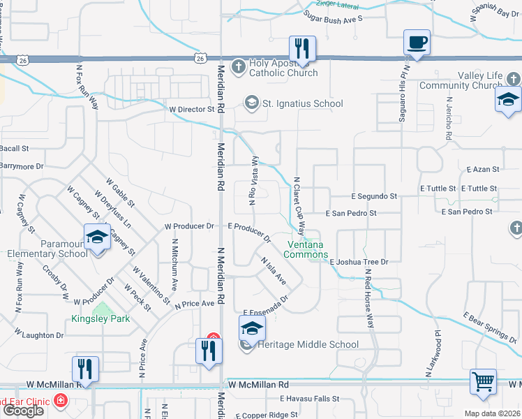 map of restaurants, bars, coffee shops, grocery stores, and more near 210 East San Pedro Street in Meridian