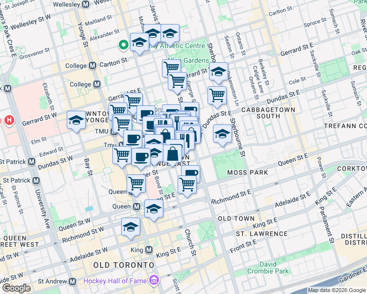 map of restaurants, bars, coffee shops, grocery stores, and more near 77 Mutual Street in Toronto