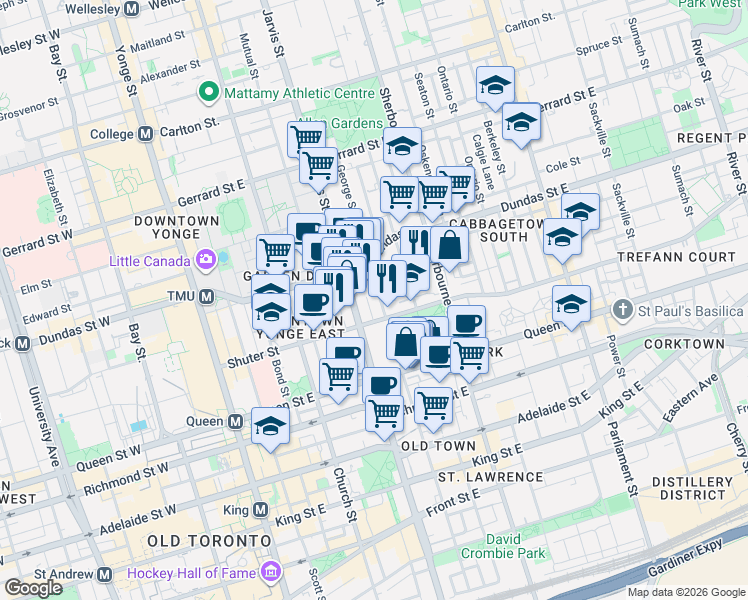 map of restaurants, bars, coffee shops, grocery stores, and more near 238 George Street in Toronto