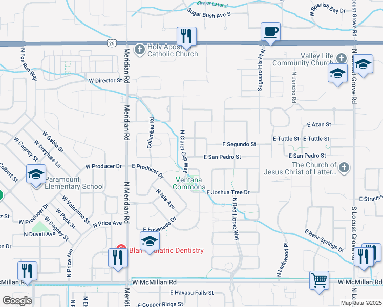 map of restaurants, bars, coffee shops, grocery stores, and more near 5665 Pinery Canyon Avenue North in Meridian