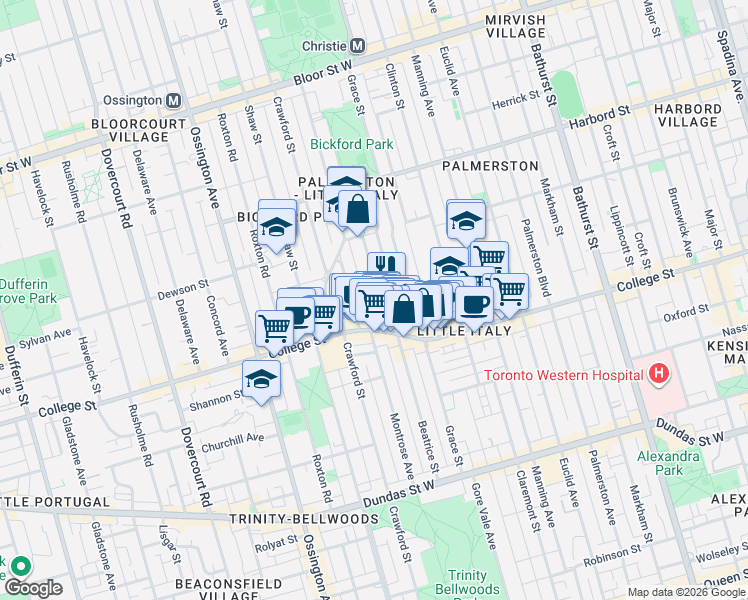 map of restaurants, bars, coffee shops, grocery stores, and more near 194 Beatrice Street in Toronto