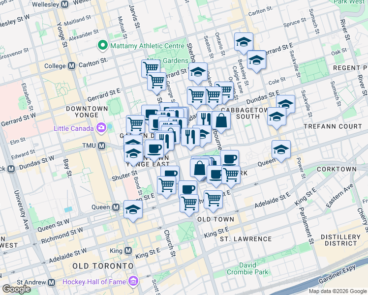 map of restaurants, bars, coffee shops, grocery stores, and more near 215 George Street in Toronto