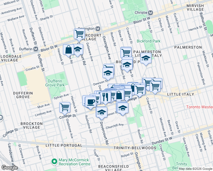 map of restaurants, bars, coffee shops, grocery stores, and more near 70 Concord Avenue in Toronto