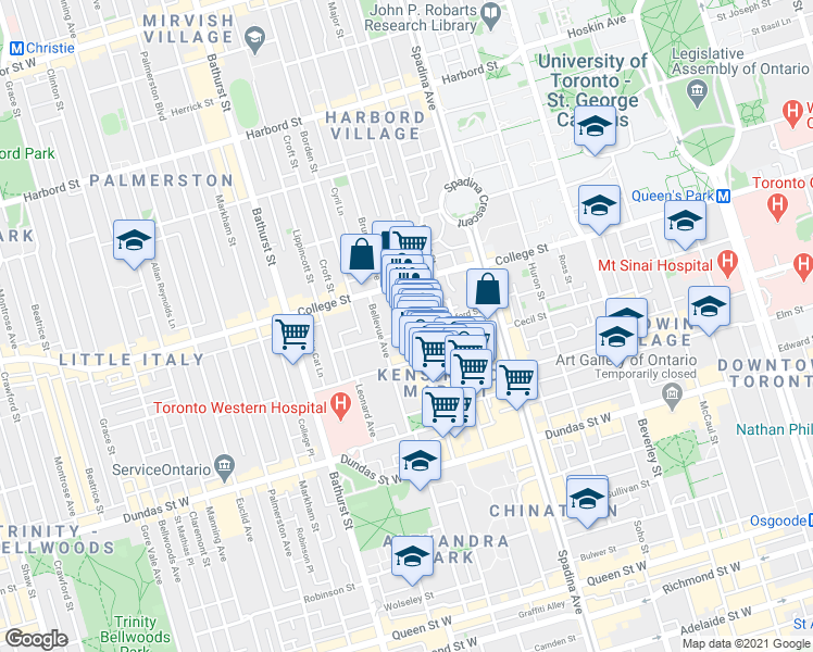 map of restaurants, bars, coffee shops, grocery stores, and more near 68 Oxford Street in Toronto