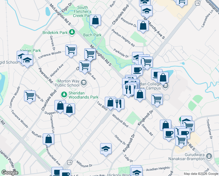 map of restaurants, bars, coffee shops, grocery stores, and more near 24 Pickard Lane in Brampton