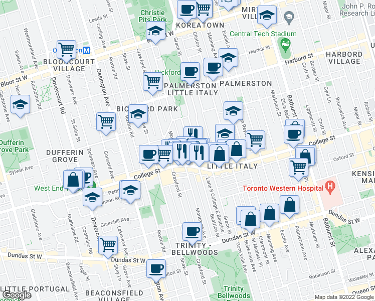 map of restaurants, bars, coffee shops, grocery stores, and more near 194 Beatrice Street in Toronto