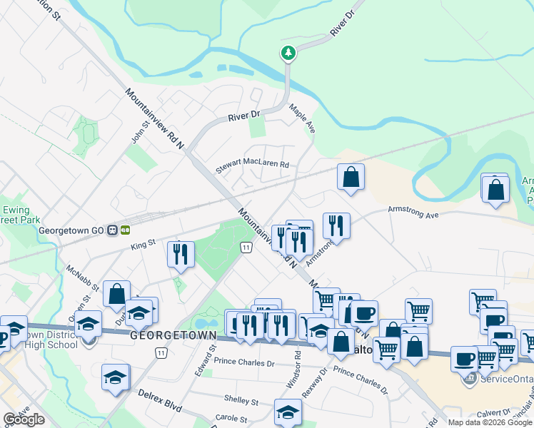 map of restaurants, bars, coffee shops, grocery stores, and more near 76 Maple Avenue in Halton Hills