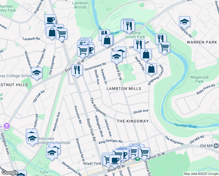 map of restaurants, bars, coffee shops, grocery stores, and more near 53 Dunedin Drive in Toronto