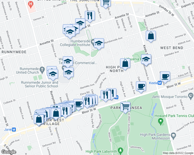map of restaurants, bars, coffee shops, grocery stores, and more near 408 Glenlake Avenue in Toronto