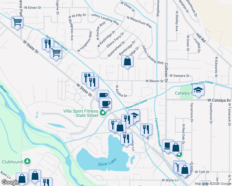 map of restaurants, bars, coffee shops, grocery stores, and more near 5446 West State Street in Boise