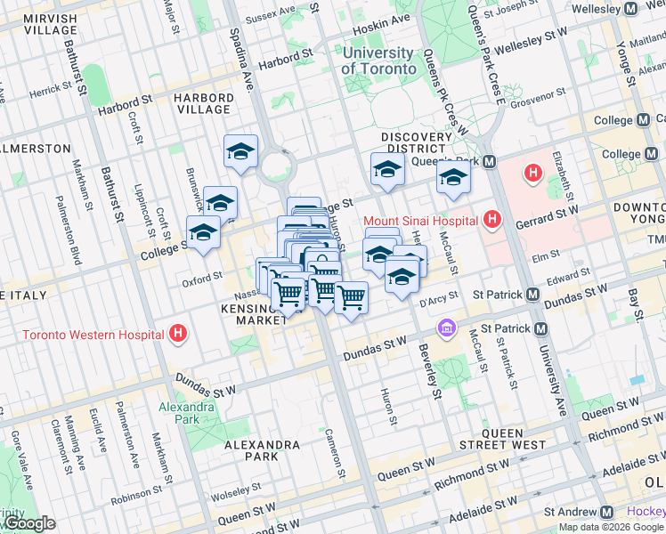 map of restaurants, bars, coffee shops, grocery stores, and more near 61 Cecil Street in Toronto