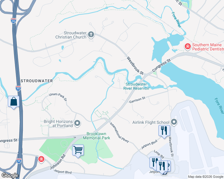 map of restaurants, bars, coffee shops, grocery stores, and more near 66 River's Edge Drive in Portland