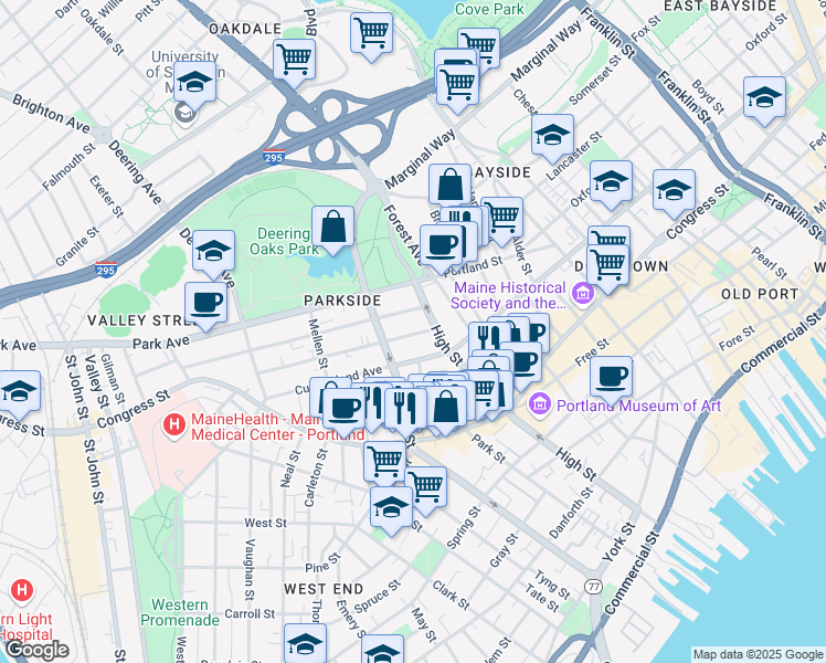 map of restaurants, bars, coffee shops, grocery stores, and more near 31 Sherman Street in Portland