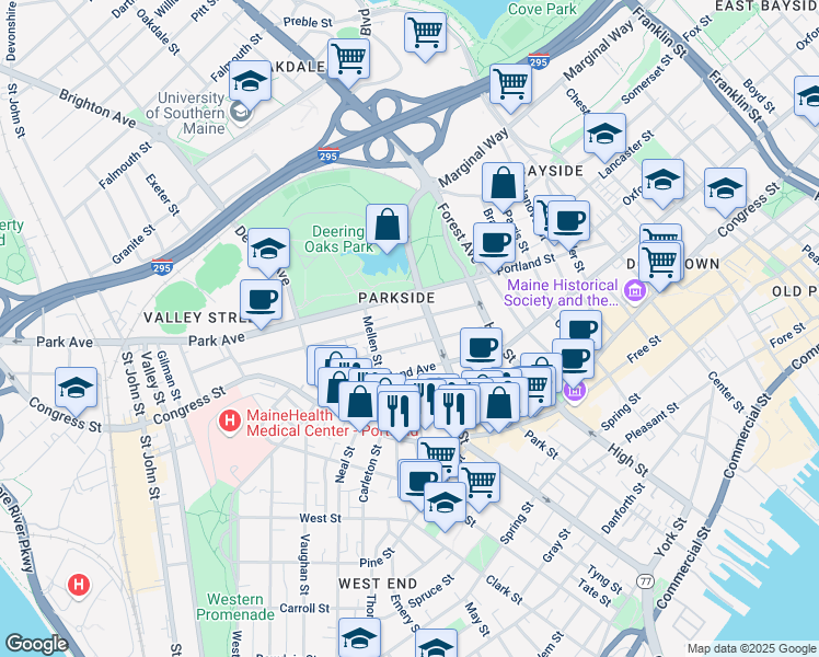 map of restaurants, bars, coffee shops, grocery stores, and more near 61 Sherman Street in Portland
