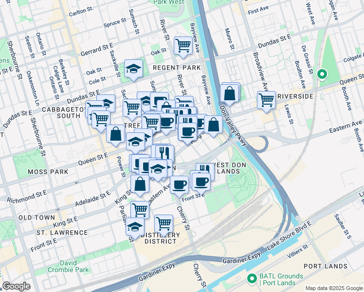 map of restaurants, bars, coffee shops, grocery stores, and more near in Toronto