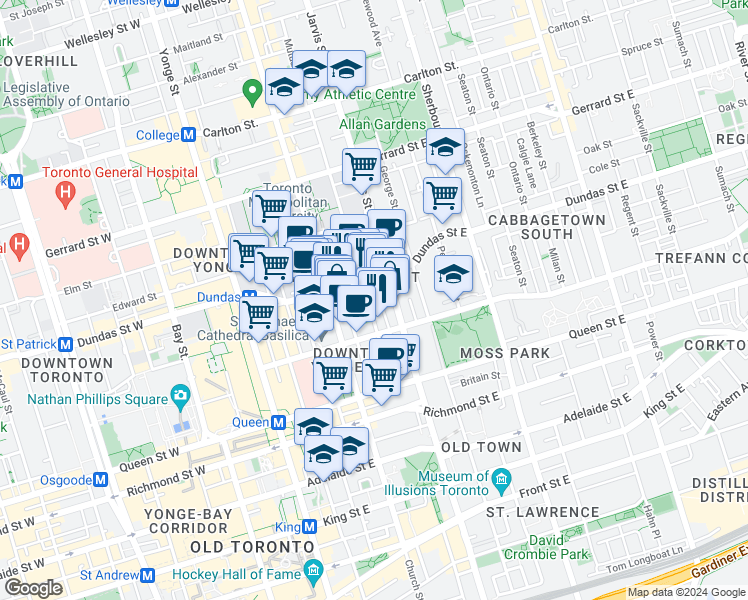 map of restaurants, bars, coffee shops, grocery stores, and more near in Toronto