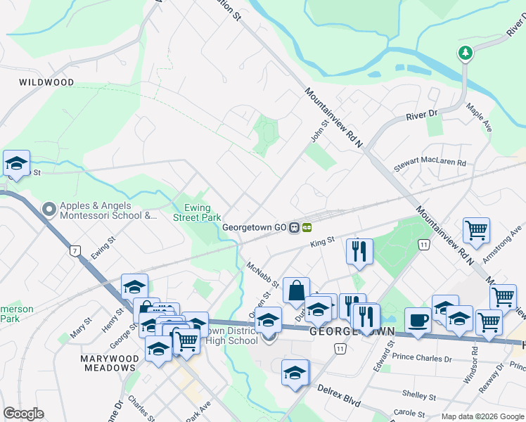 map of restaurants, bars, coffee shops, grocery stores, and more near in Halton Hills