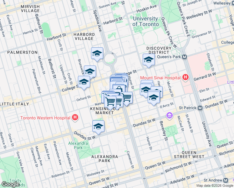 map of restaurants, bars, coffee shops, grocery stores, and more near 414 Spadina Avenue in Toronto