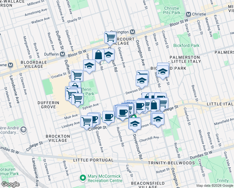 map of restaurants, bars, coffee shops, grocery stores, and more near 84 Dewson Street in Toronto