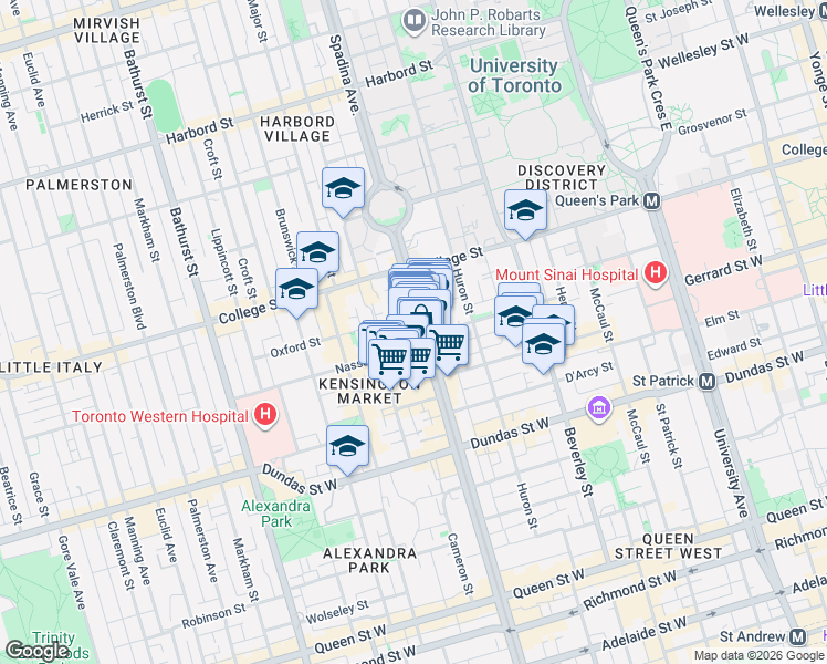 map of restaurants, bars, coffee shops, grocery stores, and more near 414 Spadina Avenue in Toronto