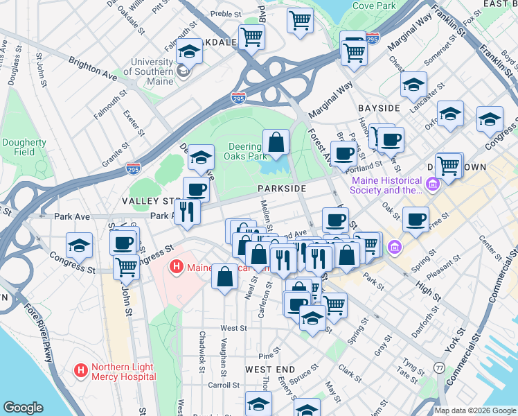 map of restaurants, bars, coffee shops, grocery stores, and more near 99 Grant Street in Portland