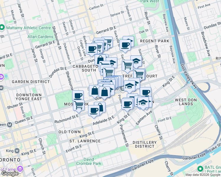map of restaurants, bars, coffee shops, grocery stores, and more near 191 Parliament Street in Toronto