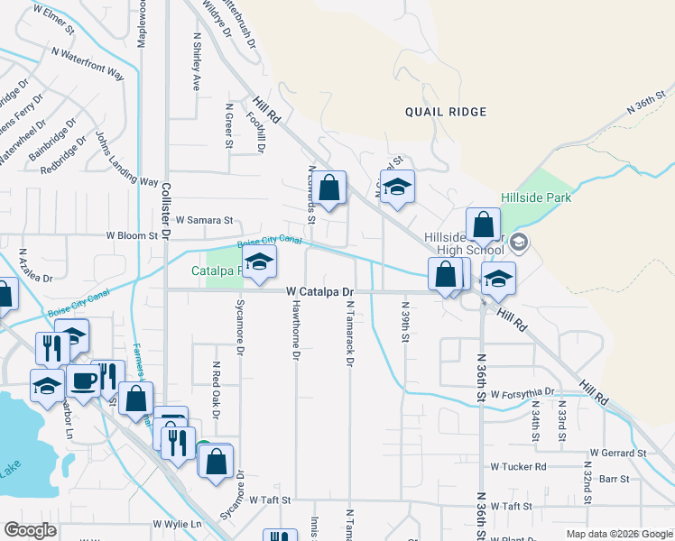 map of restaurants, bars, coffee shops, grocery stores, and more near 3979 North Oak Park Place in Boise