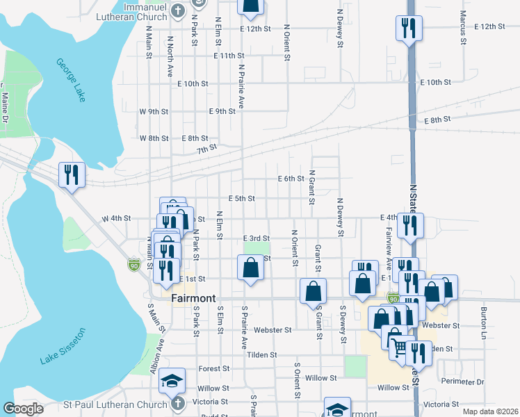 map of restaurants, bars, coffee shops, grocery stores, and more near 404 North Hampton Street in Fairmont