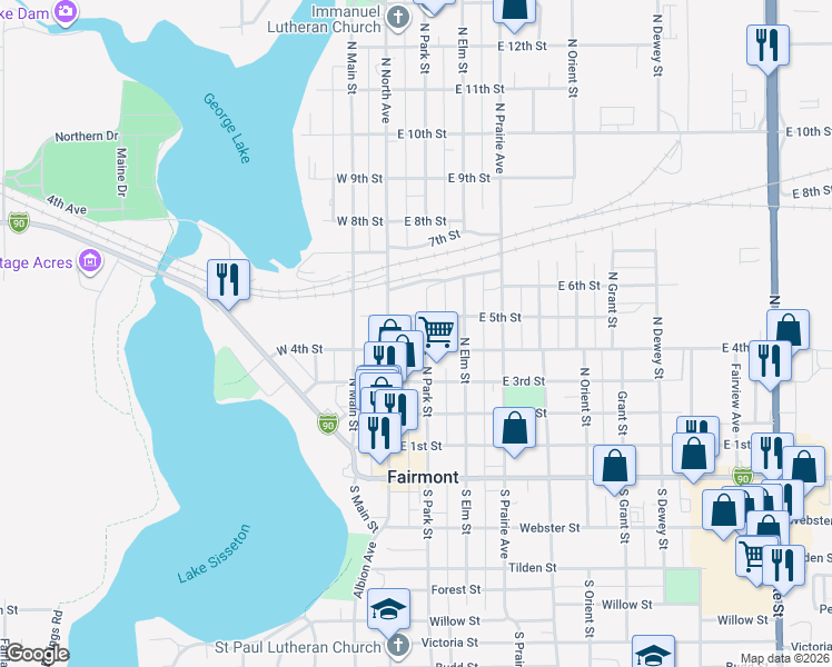 map of restaurants, bars, coffee shops, grocery stores, and more near 121 East 4th Street in Fairmont