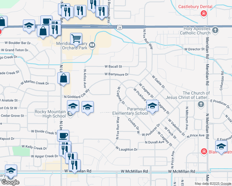 map of restaurants, bars, coffee shops, grocery stores, and more near 965 West Cagney Street in Meridian