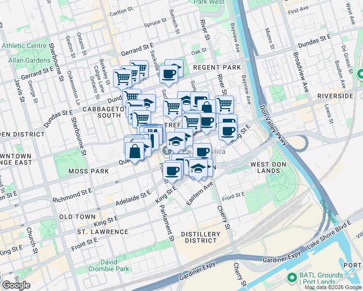 map of restaurants, bars, coffee shops, grocery stores, and more near 425 Queen Street East in Toronto