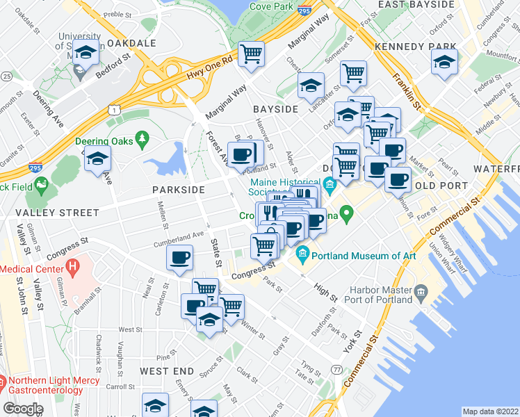 map of restaurants, bars, coffee shops, grocery stores, and more near 61 Forest Avenue in Portland