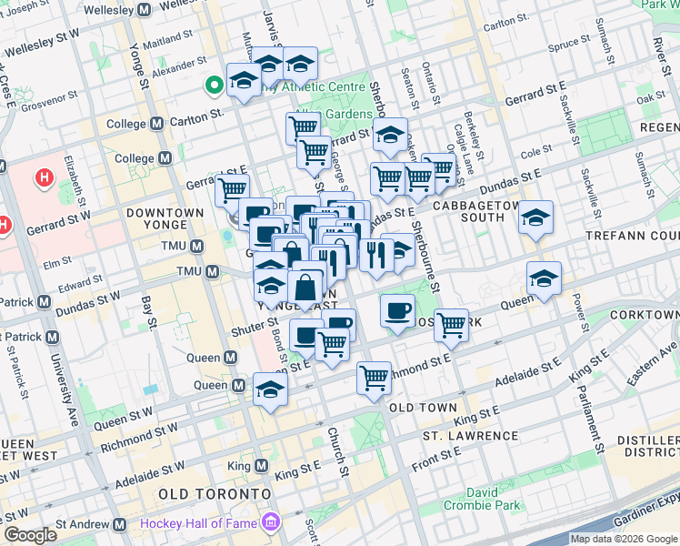 map of restaurants, bars, coffee shops, grocery stores, and more near 186 Jarvis Street in Toronto
