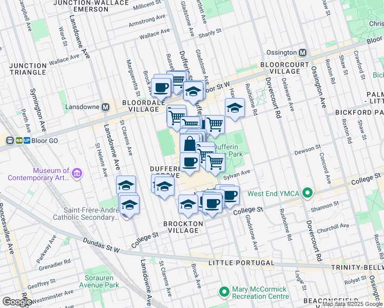 map of restaurants, bars, coffee shops, grocery stores, and more near 900 Dufferin Street in Toronto