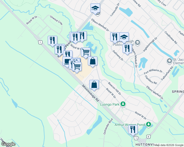 map of restaurants, bars, coffee shops, grocery stores, and more near 13 Beachville Circle in Brampton