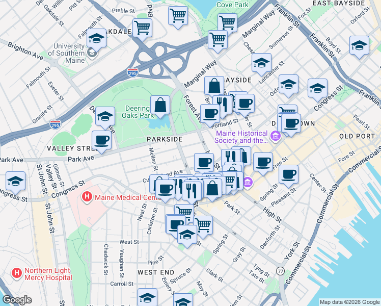 map of restaurants, bars, coffee shops, grocery stores, and more near 31 Sherman Street in Portland