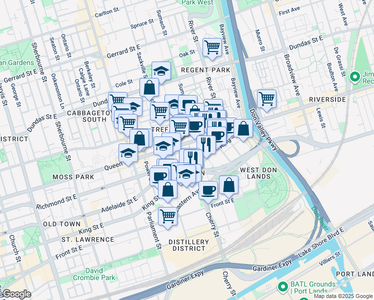 map of restaurants, bars, coffee shops, grocery stores, and more near 50 Bright Street in Toronto