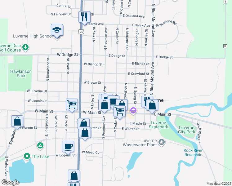 map of restaurants, bars, coffee shops, grocery stores, and more near North Cedar Street & East Luverne Street in Luverne